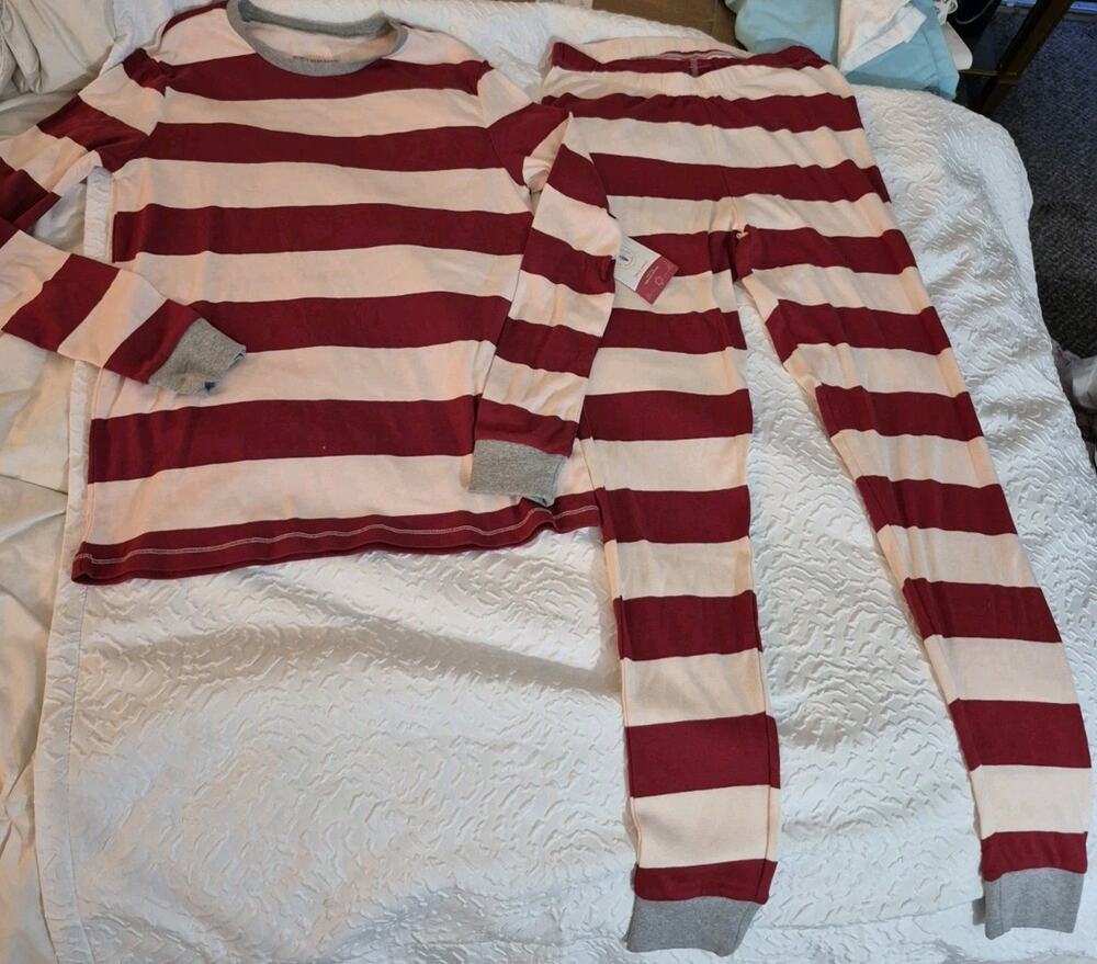 💥 Burt's Bees Baby Size M Organic Cotton Rugby Red Stripe Pajama Set Nwt D1